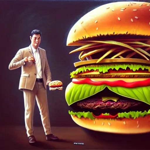 Image similar to a monster with a hamburger head on a suit, hamburger monster, burger face, burger with human eyes, burger with a mouth, very detailed eyes, character concept art, fantasy, intricate, fantasy drawing, illustration, highly detailed, hyperrealistic, cgsociety, artstation, oil painting by greg rutkowski, by artgerm