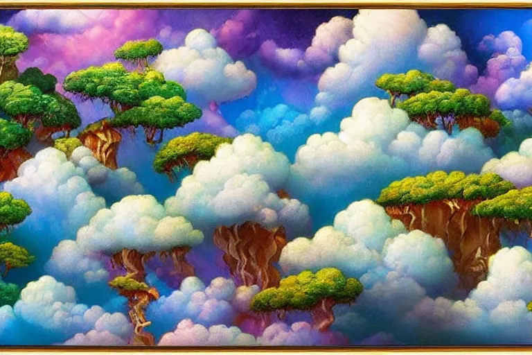 Image similar to a huge flock of many smooth puffy marvelous clouds. whirling ultra detailed gemstone crystals, art nouveau jungle environment, playful, award winning art, epic dreamlike fantasy landscape, ultra realistic,