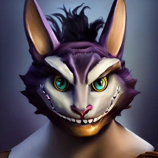 Image similar to greg manchess portrait painting of partially armored cheshire cat from alice in wonderland as overwatch character, medium shot, asymmetrical, profile picture, organic painting, sunny day, matte painting, bold shapes, hard edges, street art, trending on artstation, by huang guangjian, gil elvgren, ruan jia, randy vargas, greg rutkowski