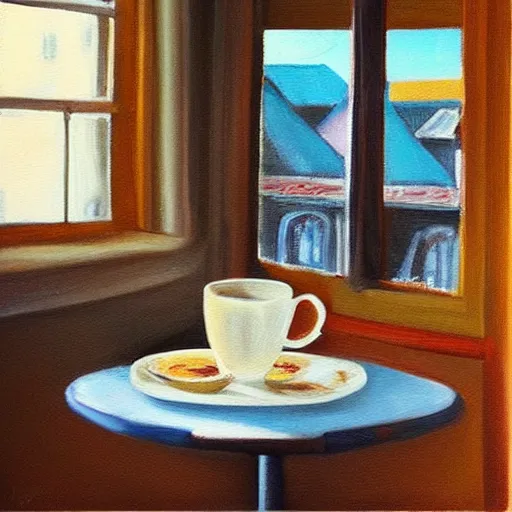 Image similar to “ photorealistic painting of a breakfast table with a steaming cup of coffee and a newspaper. the window behind it shows a colorful neighborhood with sun shining in the window ”