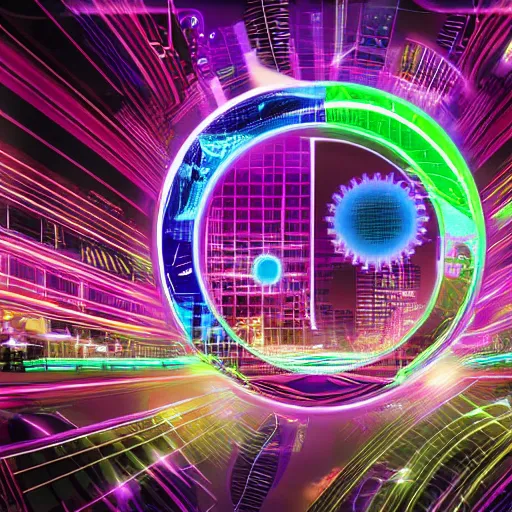 Prompt: futuristic city with dao yin - yang symbols floating around many neon lights, digital art