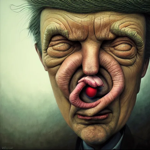 Prompt: gediminas pranckevicius | close up portrait of a the trump in the sinister valley of despair, one mouth, one nose, two eyes, oil painting by tomasz jedruszek, cinematic lighting, pen and ink, intricate line, hd, 4 k, million of likes, trending on artstation