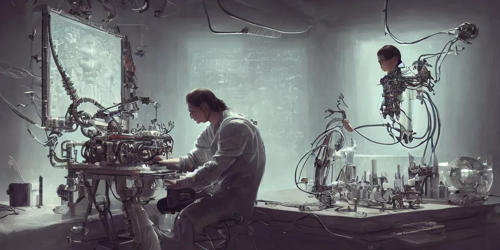 Image similar to hyperrealistic photography of a gorgeous cyborg scientist constructing a poetry machine in the style of Jin Kagetsu, James Jean and wlop, highly detailed, masterpiece, award-winning, sharp focus, intricate concept art, ambient lighting, 8k, artstation