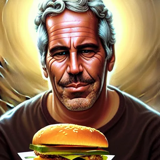 Prompt: portrait of jeffrey epstein eating giant hamburgers, ethereal, handsome, d & d, fantasy, intricate, elegant, highly detailed, digital painting, artstation, concept art, matte, sharp focus, illustration, art by artgerm and greg rutkowski and alphonse mucha