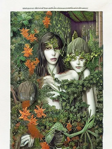 Prompt: The Hanging-Gardens of Pareidolia, lobelia, ivy, verbena and pothos growing facial features and optical-illusions, aesthetic!!!!!!!!!!!!!!!!!!, by Chris Tulloch McCabe in the style of Gerald Brom,