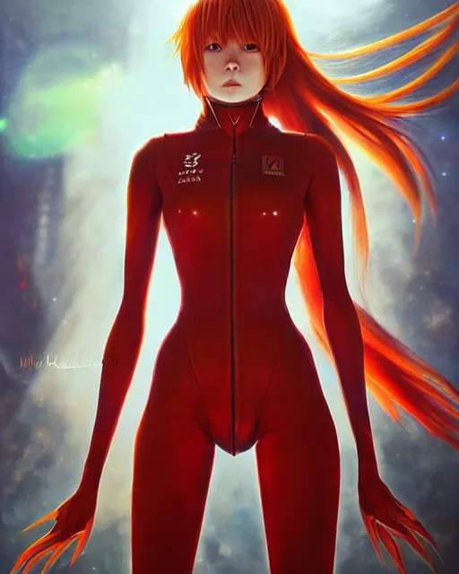 Image similar to asuka langley soryu wearing plugsuit, award winning photograph, radiant flares, realism, lens flare, intricate, various refining methods, micro macro autofocus, evil realm magic painting vibes, hyperrealistic painting by michael komarck - stephen gemmell