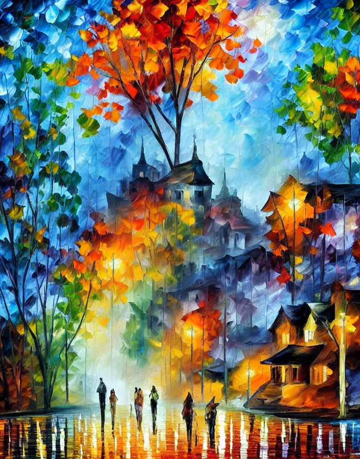 Prompt: a building in a stunning landscape by Leonid Afremov