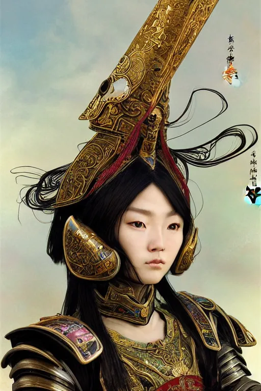 Image similar to beautiful and luxury and holy and elite and colorlpunk young three kingdom chinese female armor knight portrait +shinnyy eyes+front face with light flowing hair, ultradetail face, art and illustration by tian zi and craig mullins and WLOP and alphonse mucha, fantasy, intricate complexity, human structure, human anatomy, fantasy character concept, watermark, blurry, hyperrealism 8k