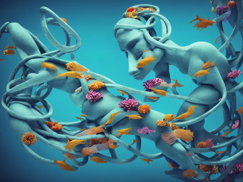 Image similar to a sculpture of fish ocean intertwined, diode lighting, a lovely cornucopia of flowers and human body parts, body parts, highly detailed, octane render, cinematic, sharp focus, clean, studio lighting, sunset, great barrier reef, up than sea level