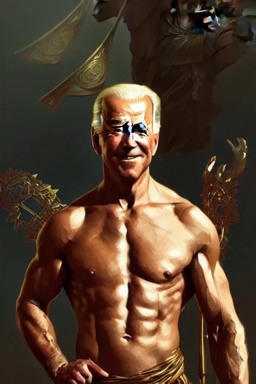 Image similar to Joe Biden as a Greek god, gorgeous, amazing, muscular, fit, very muscular male body, intricate, highly detailed, digital painting, artstation, concept art, sharp focus, illustration, art by greg rutkowski and alphonse mucha