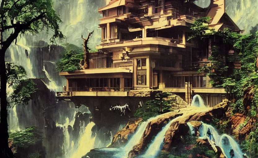 Image similar to retrofuturistic mansion, house, estate in a waterfall. highly detailed science fiction painting by norman rockwell, frank frazetta, and syd mead. rich colors, high contrast, gloomy atmosphere, dark background. trending on artstation