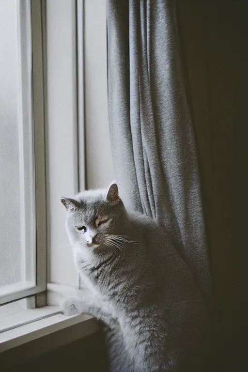 Image similar to “ fluffy grey cat lying on cat tree near window, cozy living room, warm, cotton, dramatic lighting, extremely high quality, leica m - a, lux 3 5 fle, portra 8 0 0 ”