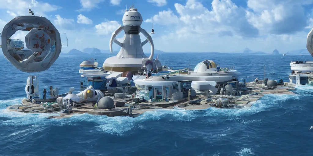Image similar to a view from a boat of a seasteading community on the open ocean, fusion of subnautica and star trek, by noriyoshi ohrai, beautifully detailed 4 k octane render, 4 k post processing