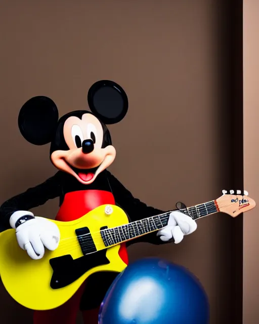 Prompt: A colorful studio portrait of Mickey Mouse playing electric guitar in the style of a zany comedy movie; bokeh, 90mm, f/1.4