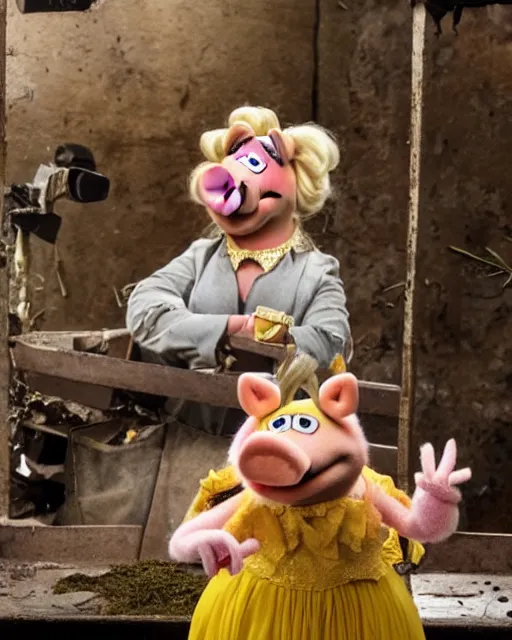 Prompt: Miss Piggy visits a Slaughterhouse, photorealistic, photographed in the style of National Geographic, The Muppets