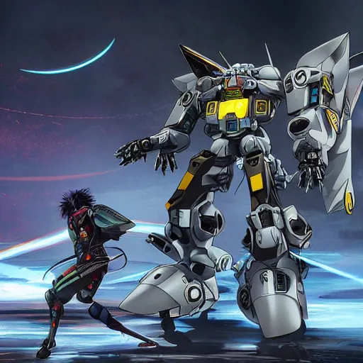 Prompt: two battle mecha in combat over a distant moon, the light of the moon reflects off the armour, it’s an incredibly detailed artwork, styled like ghost in the shell, with Japanese inspiration, they have light swords and are bright neon Colors,