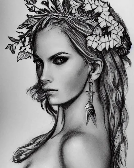 Prompt: tattoo sketch of beautiful model as aphrodite greek goddess wearing a laurel wreath and arrowhead earrings, hyper - realistic, beautiful piercing eyes, small and sharp pupils, sexy look, beautiful blonde hair, in the style of matteo pasqualin, amazing detail, fantasy, elegant, smooth, sharp