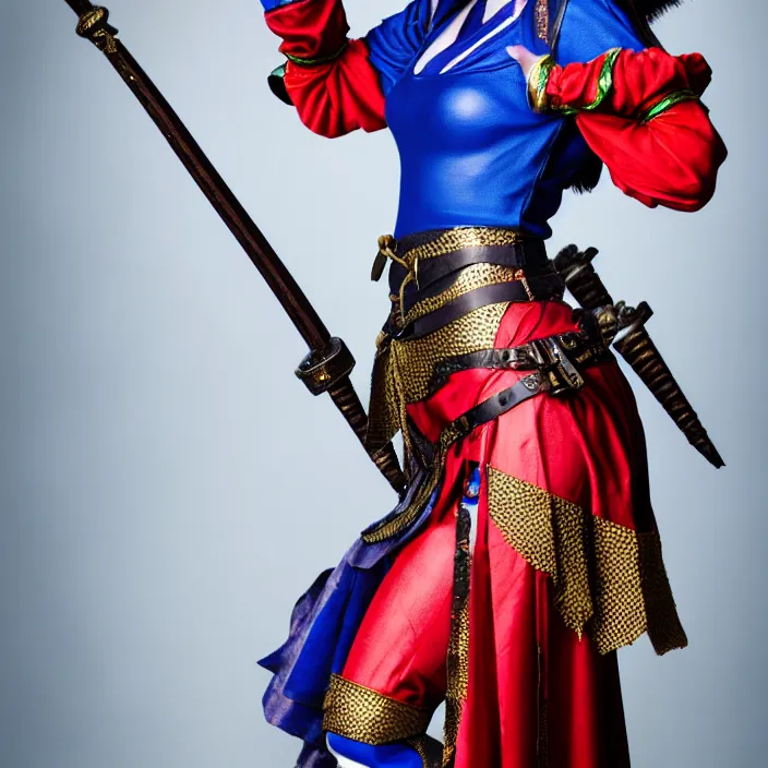 Image similar to full body photograph ofa real - life very beautiful female jester warrior. extremely detailed. dslr. 8 5 mm.