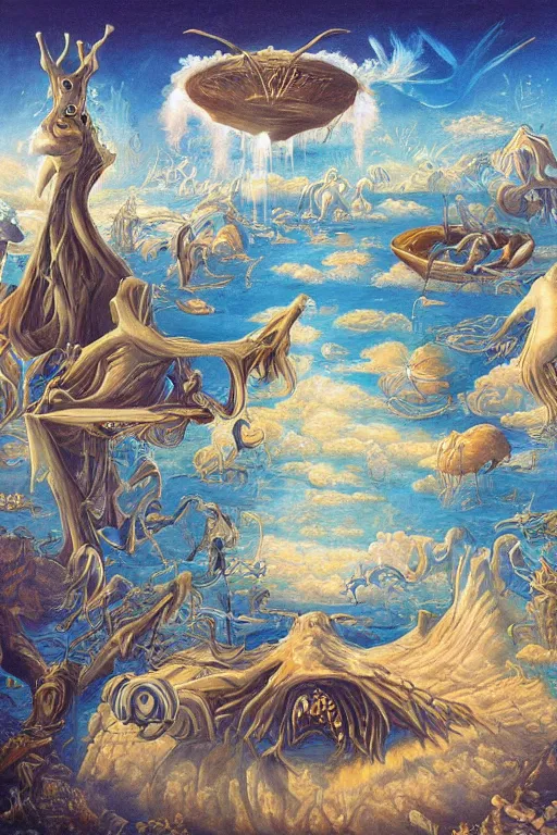 Image similar to surrealist painting full of subtle hints, mystic characters and misleading perspectives, ultrastation hq, 8 l, hyperrealistic, very highly detailed