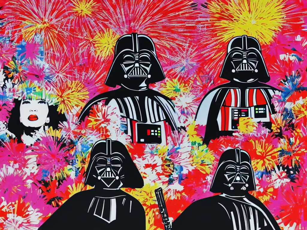 Image similar to hyperrealistic composition, in the middle a woman in a japanese kimono, behind her stands darth vader, in front of her a table from the casino, in the background is mount fuji and fireworks, pop - art style, jacky tsai style, andy warhol style, acrylic on canvas