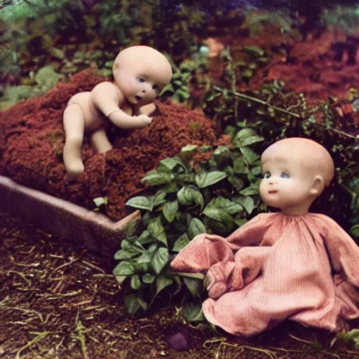 Image similar to autochrome photo of vintage disgusting brown kewpie dolls, plastic baby doll toys in a backyard garden, realistic