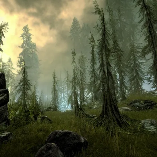 Image similar to a stunning screenshot of a mythical forest in Skyrim