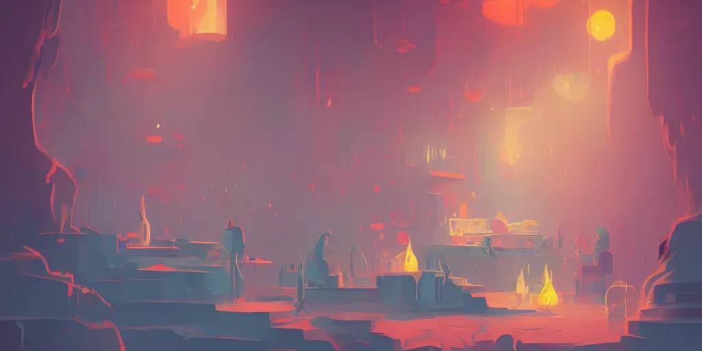 Prompt: 'weird perspective'!!!!!!!!! epic illustration of a kitchen dim lit by 1 candle in a scenic environment by Anton Fadeev