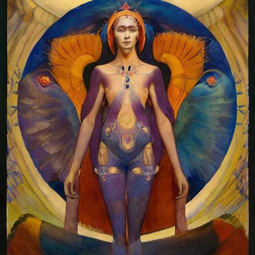 Prompt: coronation of the dawn, by Annie Swynnerton and Nicholas Roerich and Diego Rivera, bioluminescent skin, feather tattoos, elaborate costume, geometric ornament, symbolist, soft colors, smooth, sharp focus, extremely detailed