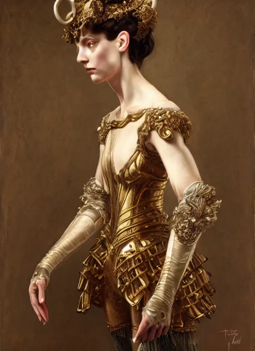 Image similar to highly detailed oil painting | very intricate | cinematic lighting | award - winning | ballet victorian armor fashion by alexander mcqueen | by roberto ferri, by tom bagshaw, by j. c. leyendecker and klimt, american romanticism, by austin osman spare, artstation, cgsociety, official art, octane