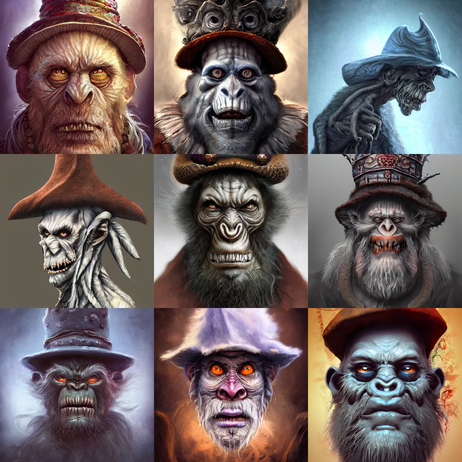 Prompt: a wlop 3 d render of very very very very highly detailed beautiful mystic portrait of a horror wind phantom ape demon with fancy hat and tattoos and frosty background by anton pieck, intricate, extremely detailed, digital painting, artstation, concept art, smooth, sharp focus, illustration, intimidating lighting, incredible art,