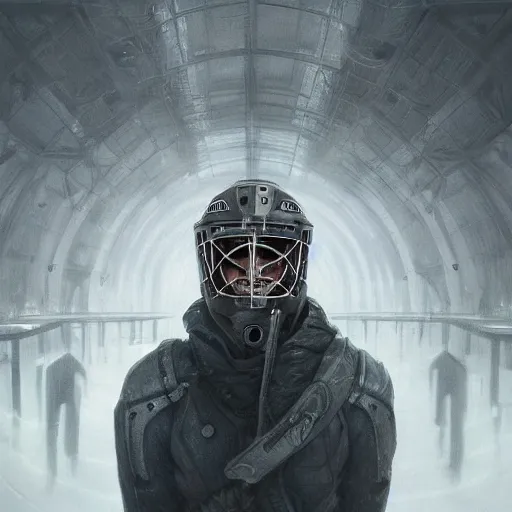 Prompt: Very very very very highly detailed epic central composition studio photography of face with hockey mask, intricate, dystopian, sci-fi, extremely detailed, digital painting, artstation, concept art, smooth, sharp focus, illustration, intimidating lighting, incredible art by Anna Dittmann and Anton Pieck