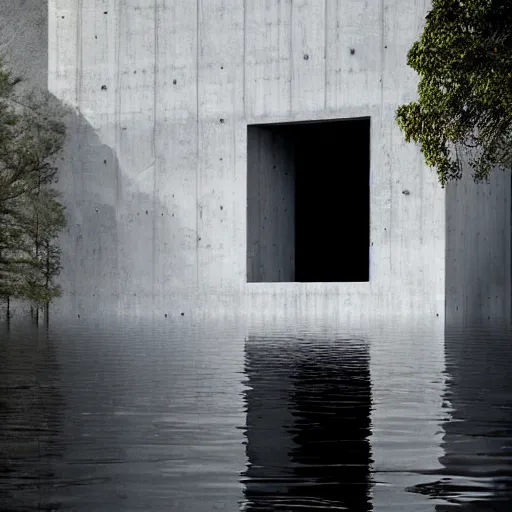 Image similar to flooded concrete structure, surreal architecture, meglaphobia, angled walls, liminal, minimalist architecture,