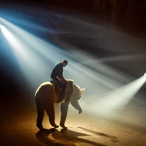 Image similar to carlos dehaquiz ridden a bear, volumetric light, beautiful lit, romero ressendi