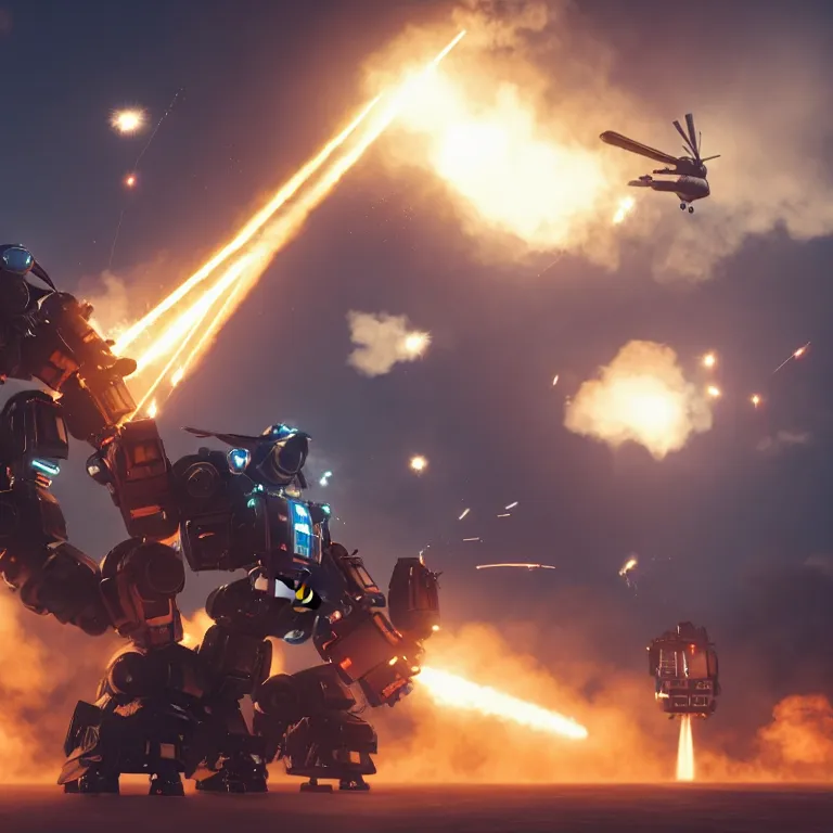 Prompt: Giant police mech fires rockets at helicopter, color, cinematic lighting, highly detailed, octane render