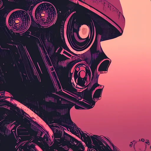 Image similar to in the style of max prentis and deathburger and laurie greasley a close up of a young explorer wearing a cyberpunk headpiece sitting connected to an ancient and huge mechanical head, highly detailed, 8k wallpaper