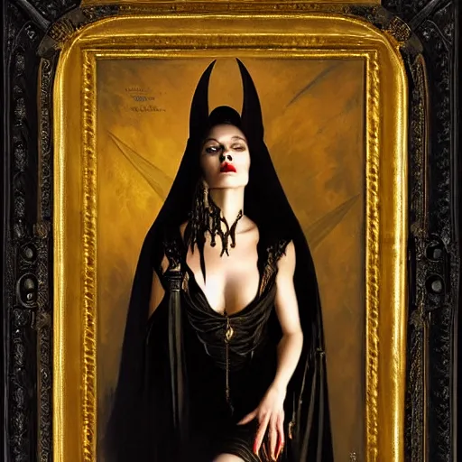 Image similar to portrait of attractive vampire queen in gold gothic robe sitting on a throne of black bones, painting by gaston bussiere, craig mullins, j. c. leyendecker, 8 k, mid shot