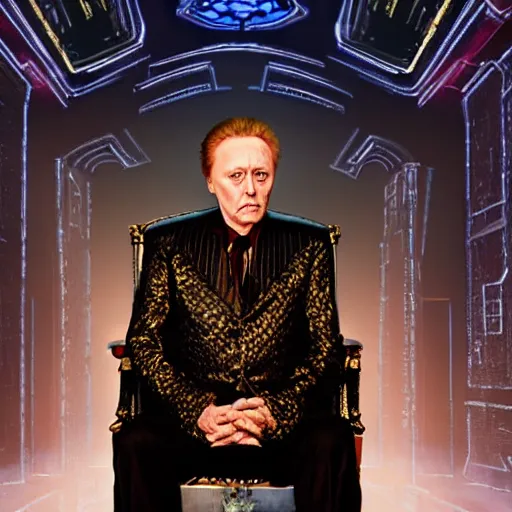 Image similar to elderly Christopher Walken as a menacing regal futuristic emperor seated on an ostentatious cyberpunk throne, cinematic lighting, backlit glow