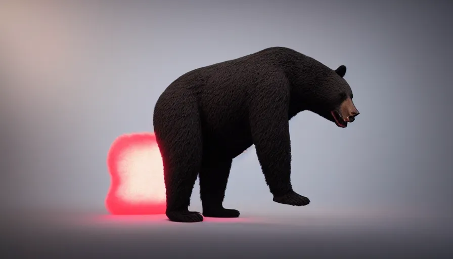 Prompt: giant black bear with red teeth made of wool volumetric light, photo shoot, hyperdetailed, artstation, cgsociety, by denis villenueve 8 k