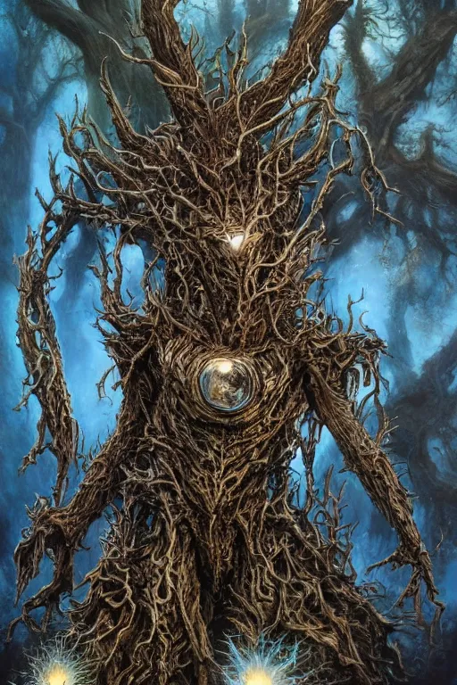 Image similar to full body concept art of Treebeard wearing iron man armor made with porcelain by Jeff Easley and Peter Elson + beautiful eyes, beautiful face + symmetry face + galaxy + gothic, surreal, dread + highly detailed, intricate complexity, epic composition, magical atmosphere + masterpiece, award winning + trending on artstation