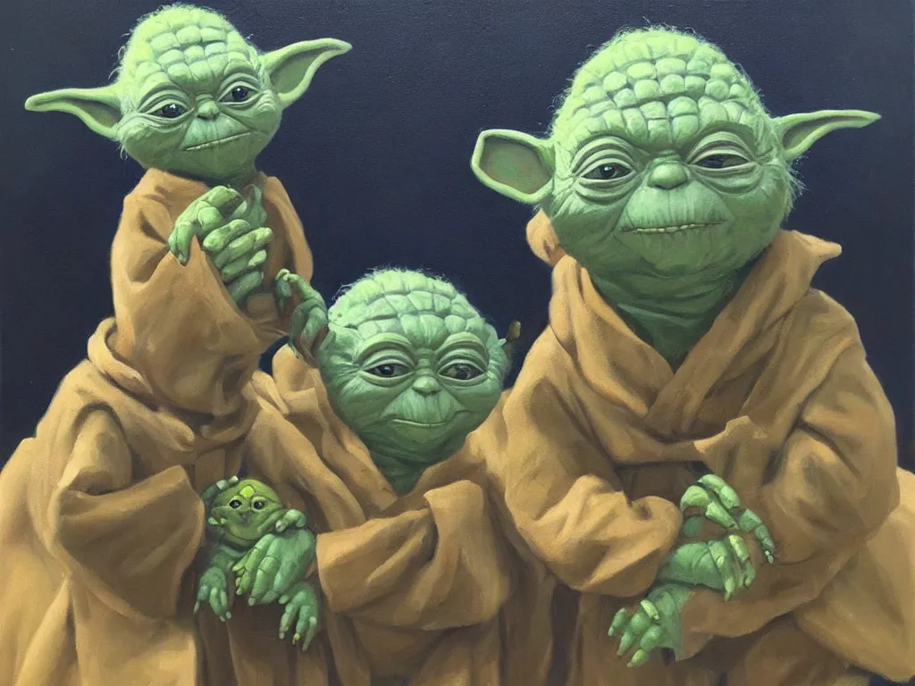Prompt: old oil painting of a yoda and cheburashka holding hands, trending on artstation