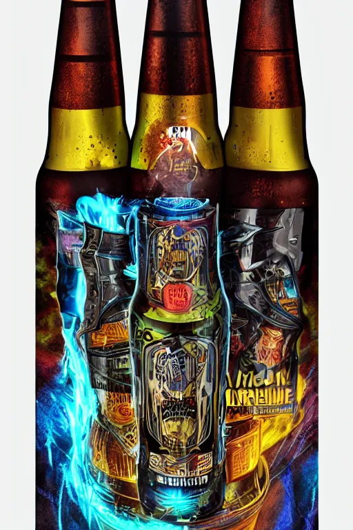 Prompt: photo of a beerbottle, band merchandise, bandname is tripmachine, tourname is invasion of the tripmachines, realistic digital art, label is printed with a 3 d render of a huge futuristic steampunk generator, 8 k, fluorescent colors, halluzinogenic, multicolored, exaggerated detailed, unreal engine