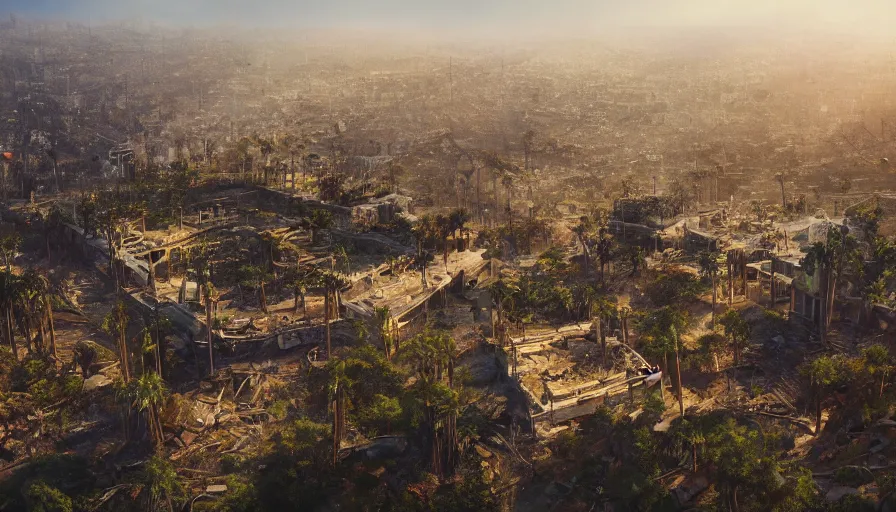 Prompt: Cinematic view of Los Angeles ruins abandoned for centuries and covered by vegetations, destroyed Santa Monica, sunny day, hyperdetailed, artstation, cgsociety, 8k