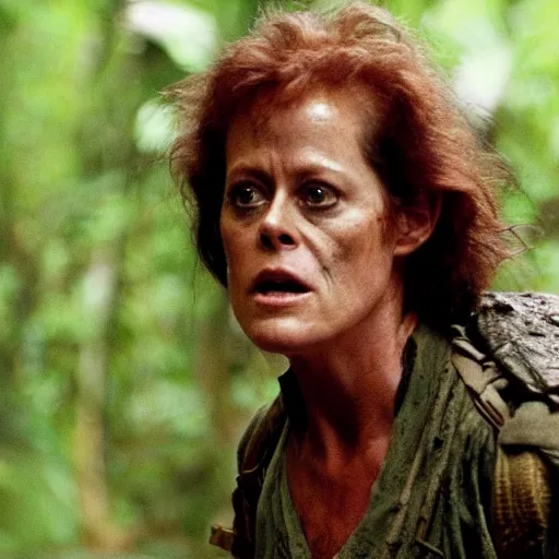 Image similar to film still of a mud - covered sigourney weaver as major dutch hiding behind a rock from the predator in predator 1 9 8 7, hd, 8 k