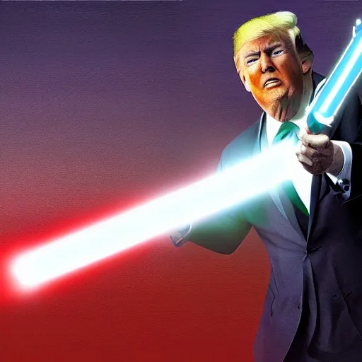 Image similar to donald trump with a lightsaber, dynamic lighting, highly detailed