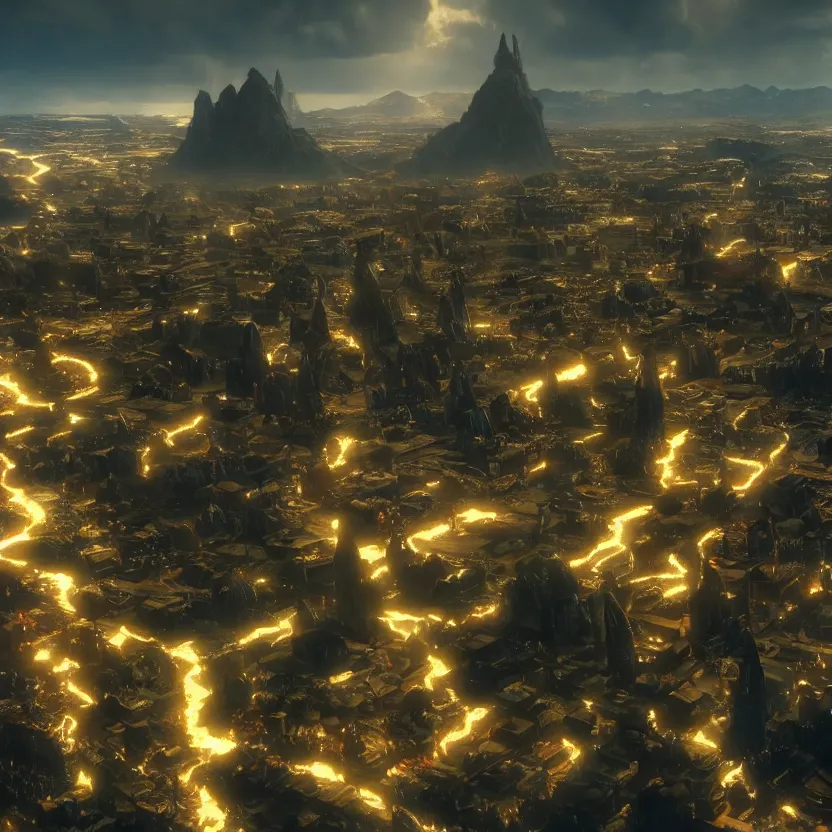 Image similar to the city of asgard. cinematic lighting, atmospheric lighting, focus, ultra - realistic, detailed.