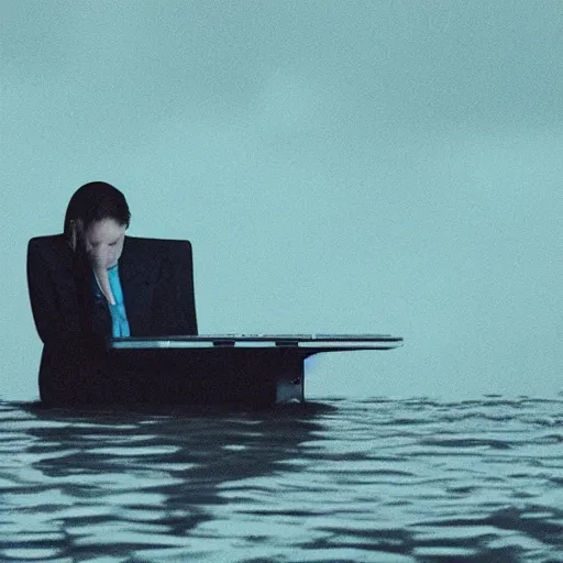 Prompt: human on a computer trying to write a fearful email in a sea!!!! of nightmares!!! in the style of darren aronofsky, full body, 8k, chiaroscuro lighting, madness, Francis bacon!!!!