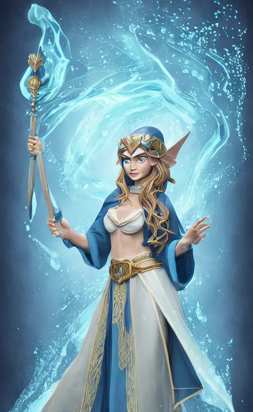 Image similar to elf female sorcerer doing water magic spells, blue robes, exquisite details, full body character design on a white background, by studio muti