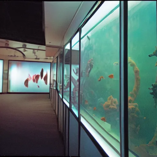 Image similar to spooky creepy liminal space, display case, aquatic exhibition science museum, dusty aquarium, computer screens, photo taken on fujifilm superia