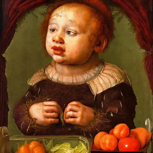 Prompt: a boy sitting in a tub full of tomato sauce, a lot of cabbage, by giuseppe arcimboldo and ambrosius benson, renaissance, portrait, fruit, intricate and intense oil paint, realistic, award - winning