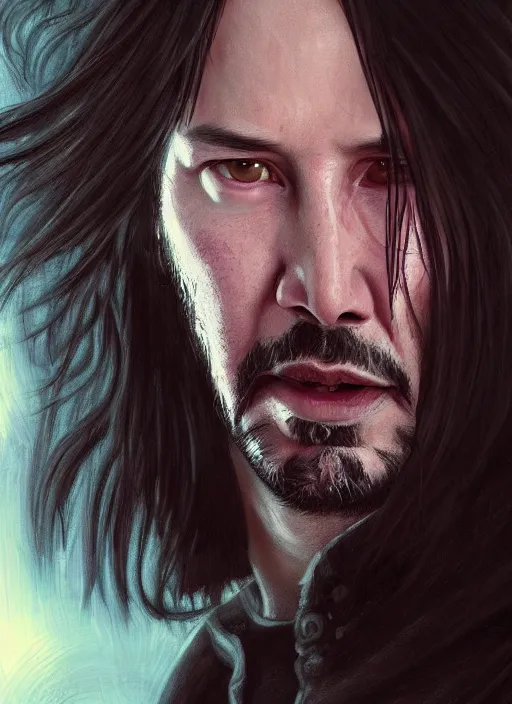 Image similar to Keanu Reeves, red glowing eyes, silver long hair, male, cyberpunk, extremely detailed, digital painting, artstation, concept art, smooth, sharp focus, illustration, stunning lighting, art by artgerm and greg rutkowski and alphonse mucha and simon stalenhag, realistic character concept, high fantasy, dark atmosphere, golden ratio, cinematic lighting, hyperdetailed, high resolution, insanely detailed and intricate, artstation, Marc Simonetti, Greg Rutkowski, 8k